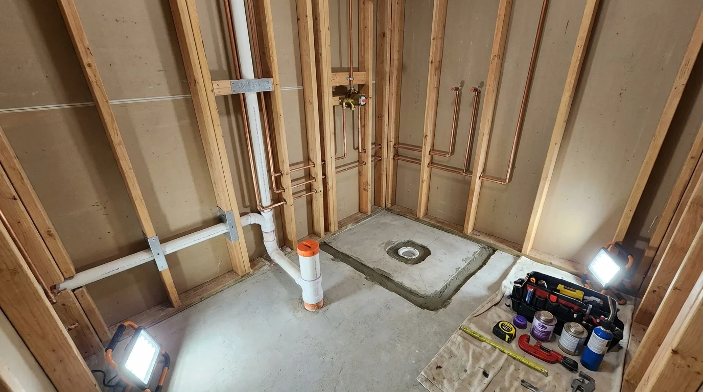 Bathroom rough-in plumbing during remodel by Johns Plumbing LLC in Llano