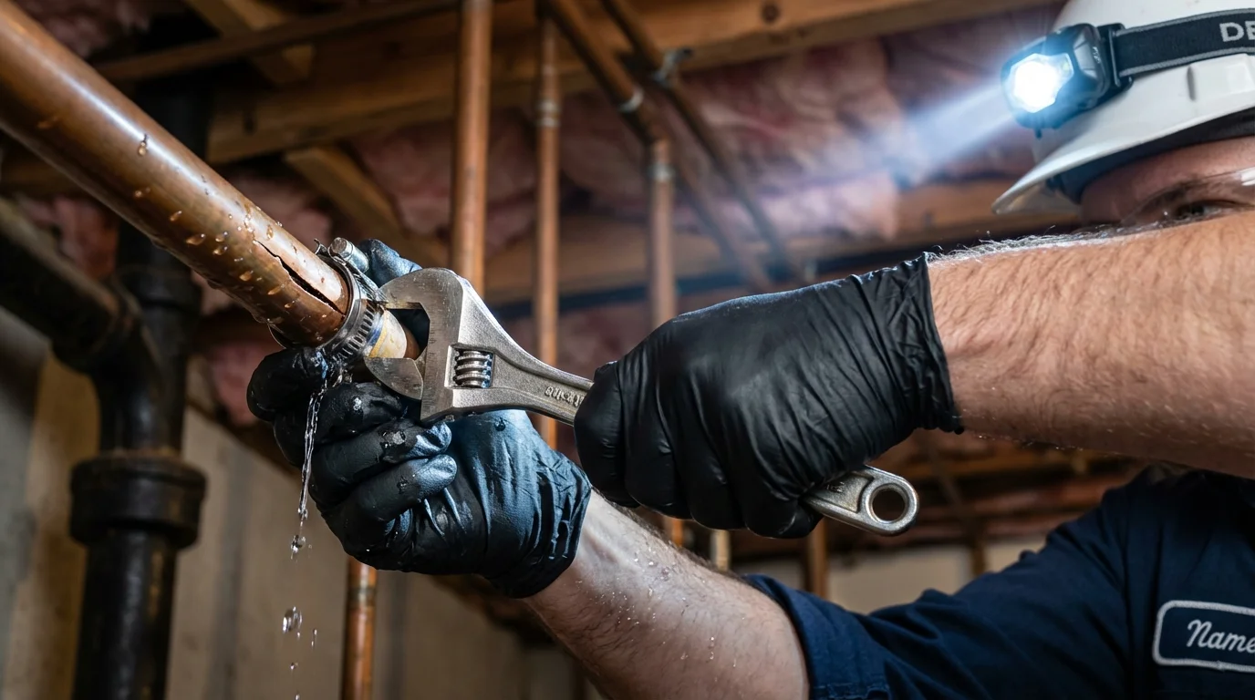 Emergency pipe clamp repair being performed by a Johns Plumbing LLC plumber in Llano