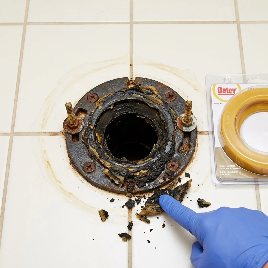 Failed wax ring showing water seepage at the base of a toilet in a Llano, TX home