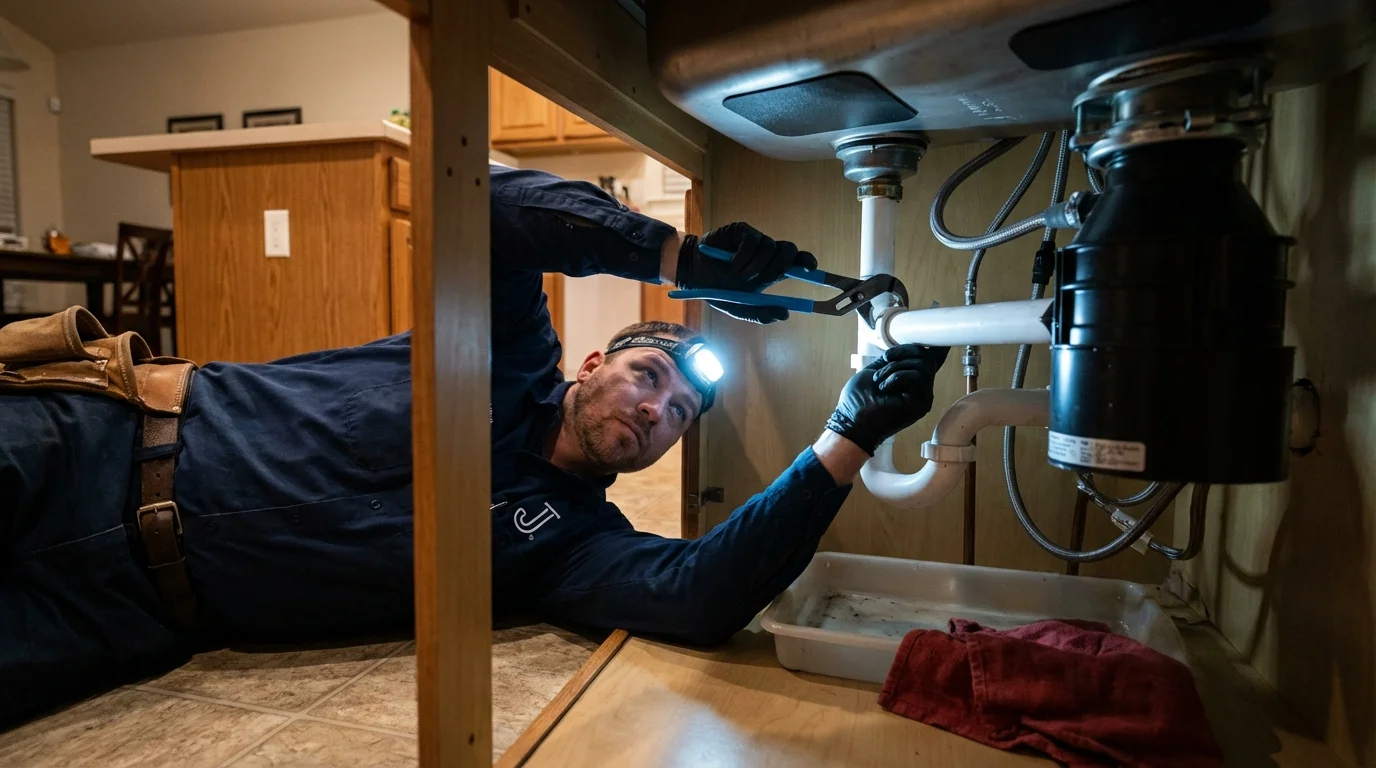 P-trap and supply line connections under a kitchen sink showing a common leak point in Llano, TX